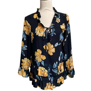 Paper Crown Floral Ruffle Blouse Gold Navy Tiered Tie Neck Size Small